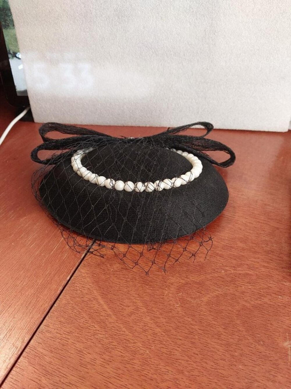 Black mini Pillbox Fascinator Hat Adorned  W A Row  of Faux Pearls & Mesh Veil